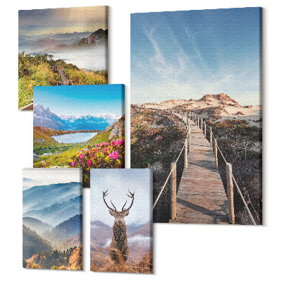 Zestaw obrazów na płótnie pentaptyk Naturalne krajobrazy górskie i leśne z dziką fauną