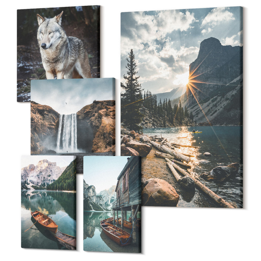 Zestaw obrazów na płótnie pentaptyk Krajobrazy natury z dziką fauną i wodospadami