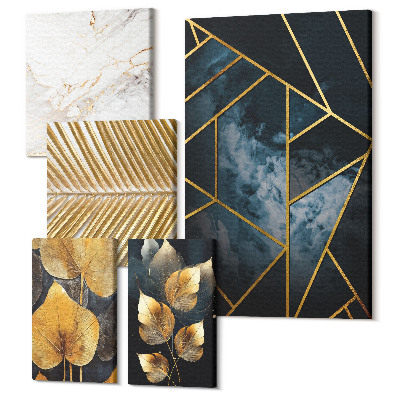 Zestaw obrazów 5 części pentaptyk Stylowe dekoracje z motywem liści i geometrycznym wzorem