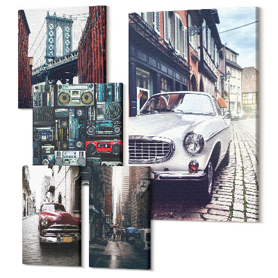 Zestaw obrazów na płótnie pentaptyk Stylowe samochody i architektura miejskich ulic