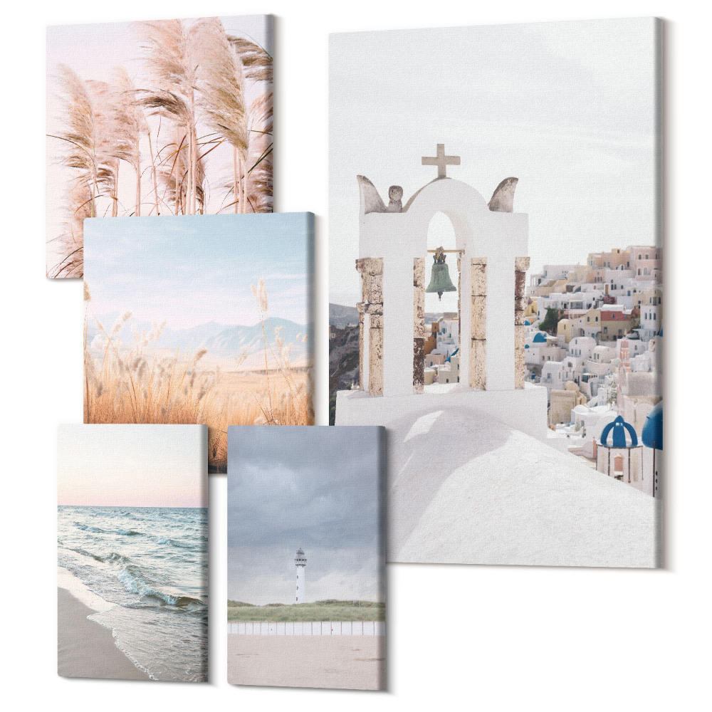 Zestaw obrazów 5 części pentaptyk Stylowe krajobrazy nadmorskie z architekturą i naturą