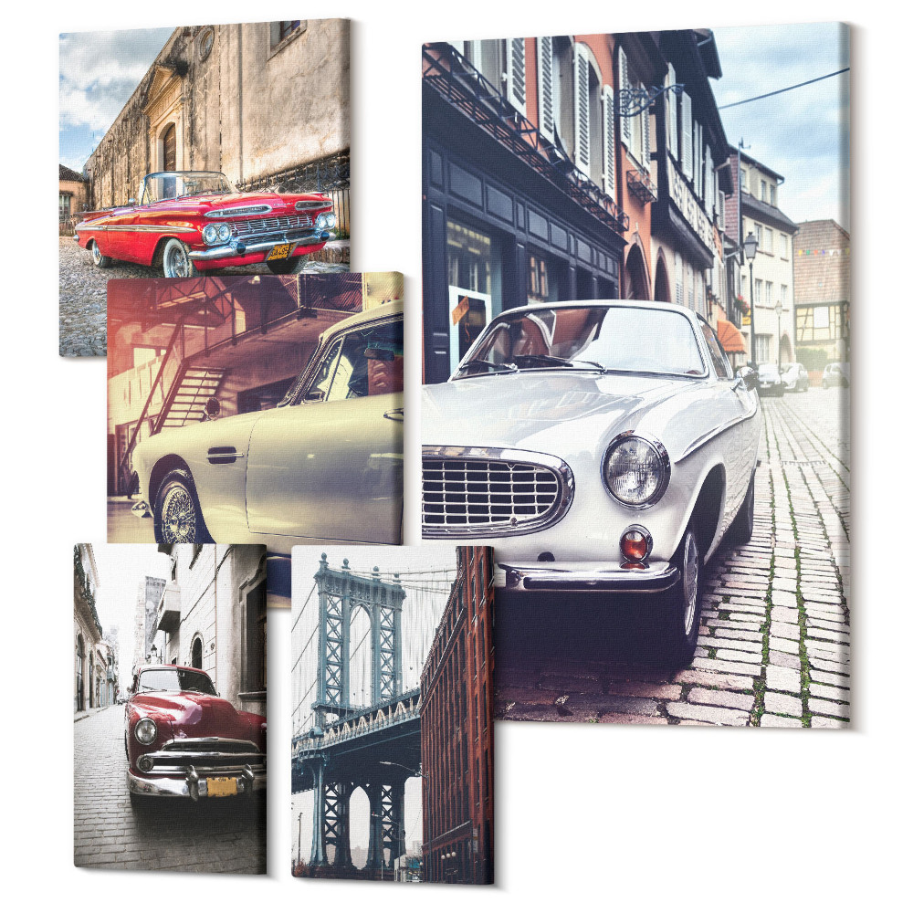 Zestaw obrazów na płótnie pentaptyk Stylowe samochody klasyczne w miejskich sceneriach