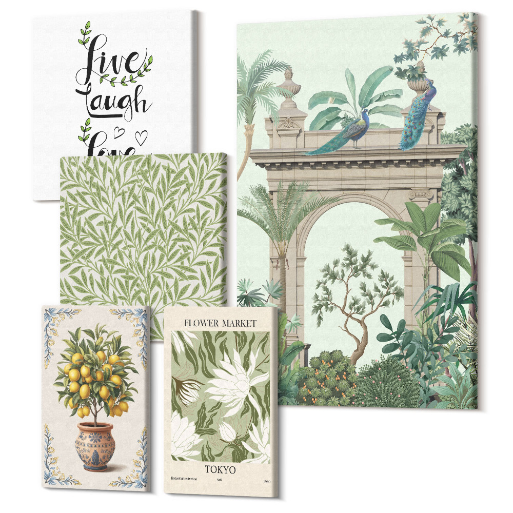 Zestaw obrazów na płótnie pentaptyk Roślinne motywy z egzotycznymi akcentami w stylu boho