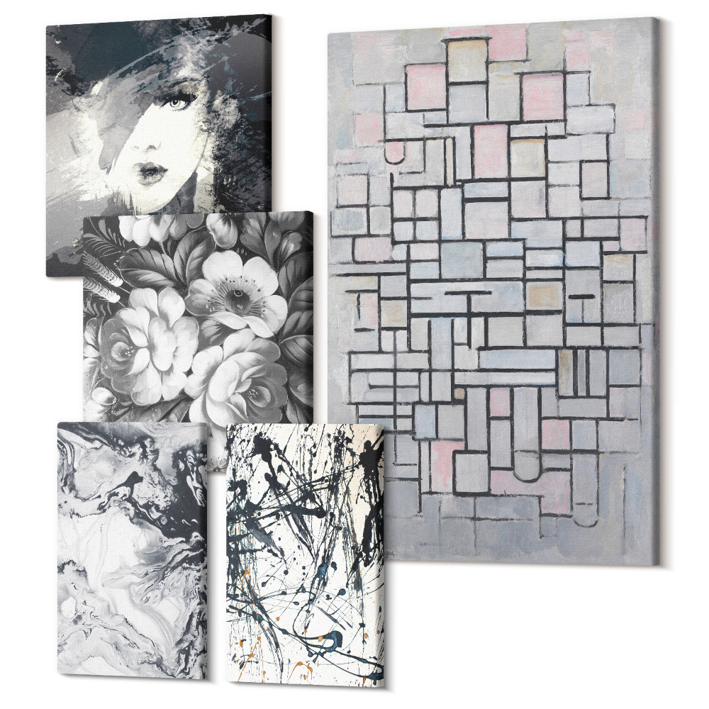 Zestaw obrazów 5 części pentaptyk Abstrakcyjne kompozycje z kwiatami i portretami w stylu nowoczesnym