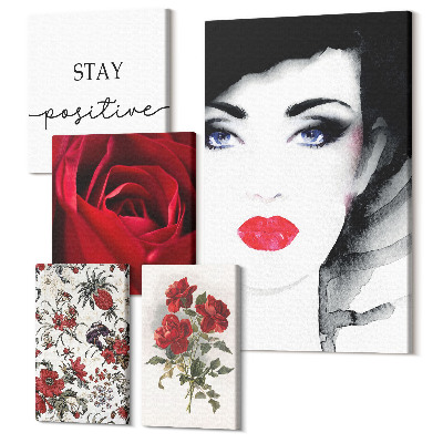 Zestaw obrazów na płótnie pentaptyk Kobiece portrety i kwiatowe motywy w stylu vintage