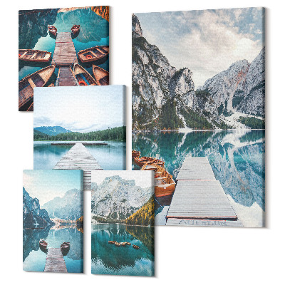 Zestaw obrazów pentaptyk na ścianę Krajobrazy górskie z wodnymi ścieżkami i łodziami