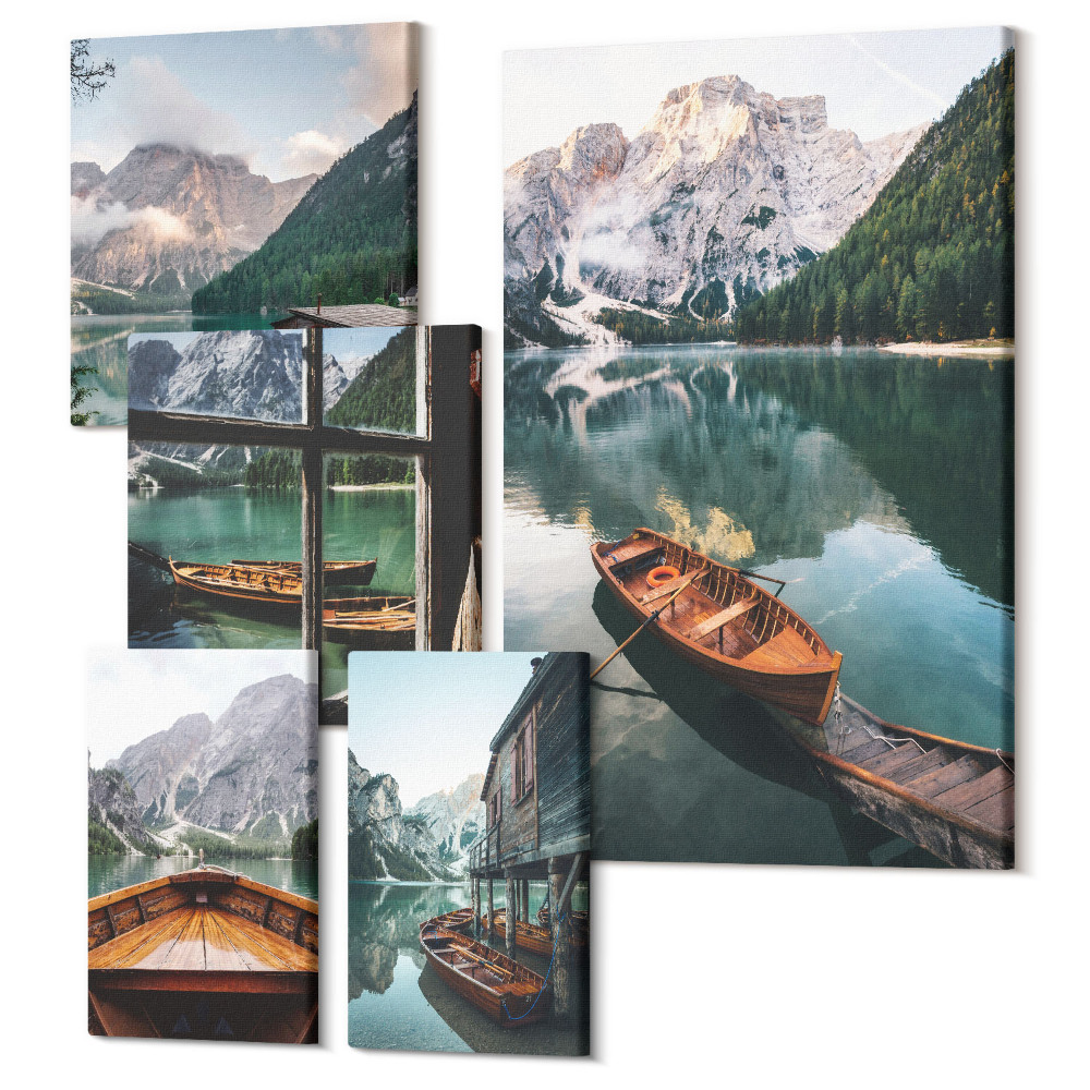 Zestaw obrazów na płótnie pentaptyk Spokojne jeziora i górskie krajobrazy z łódkami