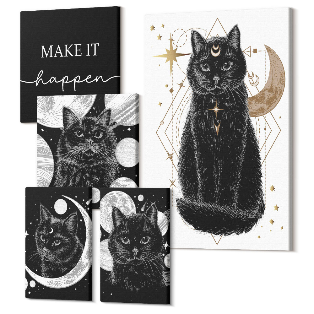 Zestaw obrazów 5 części pentaptyk Czarne koty w stylu boho z motywami kosmicznymi