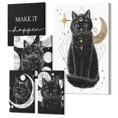 Zestaw obrazów 5 części pentaptyk Czarne koty w stylu boho z motywami kosmicznymi