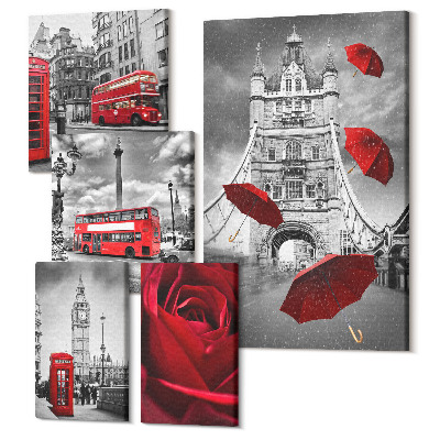 Zestaw obrazów pentaptyk na ścianę Londyńskie motywy z czerwonymi akcentami i detalami