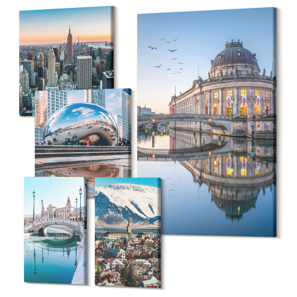 Zestaw obrazów na płótnie pentaptyk Miejskie pejzaże z nowoczesną architekturą i naturą