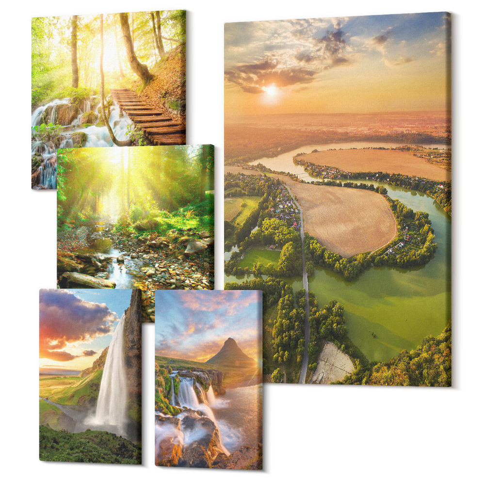 Zestaw obrazów 5 części pentaptyk Naturalne krajobrazy z wodospadami i zielonymi dolinami