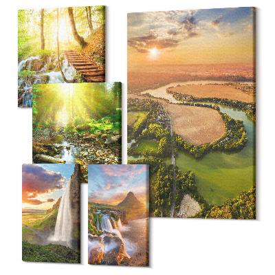 Zestaw obrazów 5 części pentaptyk Naturalne krajobrazy z wodospadami i zielonymi dolinami
