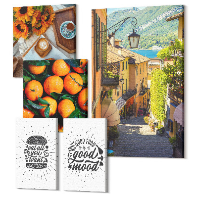 Zestaw obrazów na płótnie pentaptyk Kawiarniane klimaty widoki uliczek i smakowite akcenty