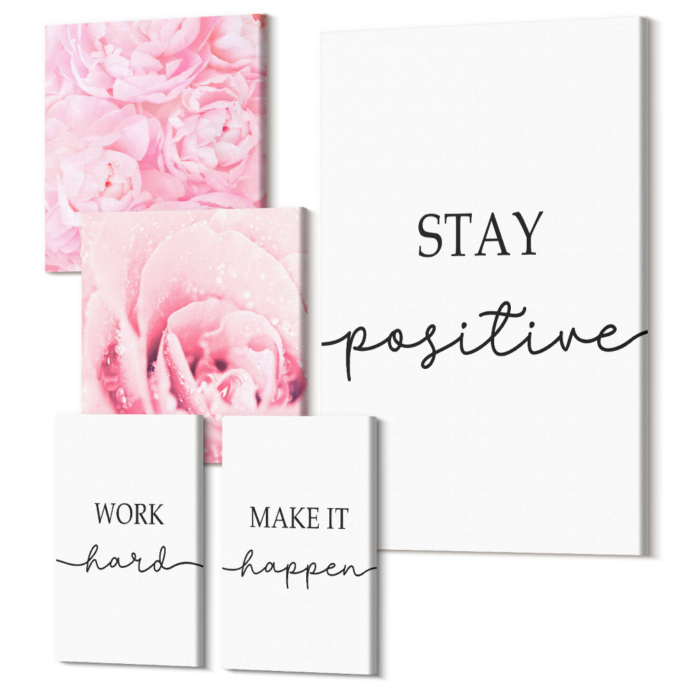 Zestaw obrazów 5 części pentaptyk Motywacyjne napisy z różowymi kwiatami do dekoracji wnętrz