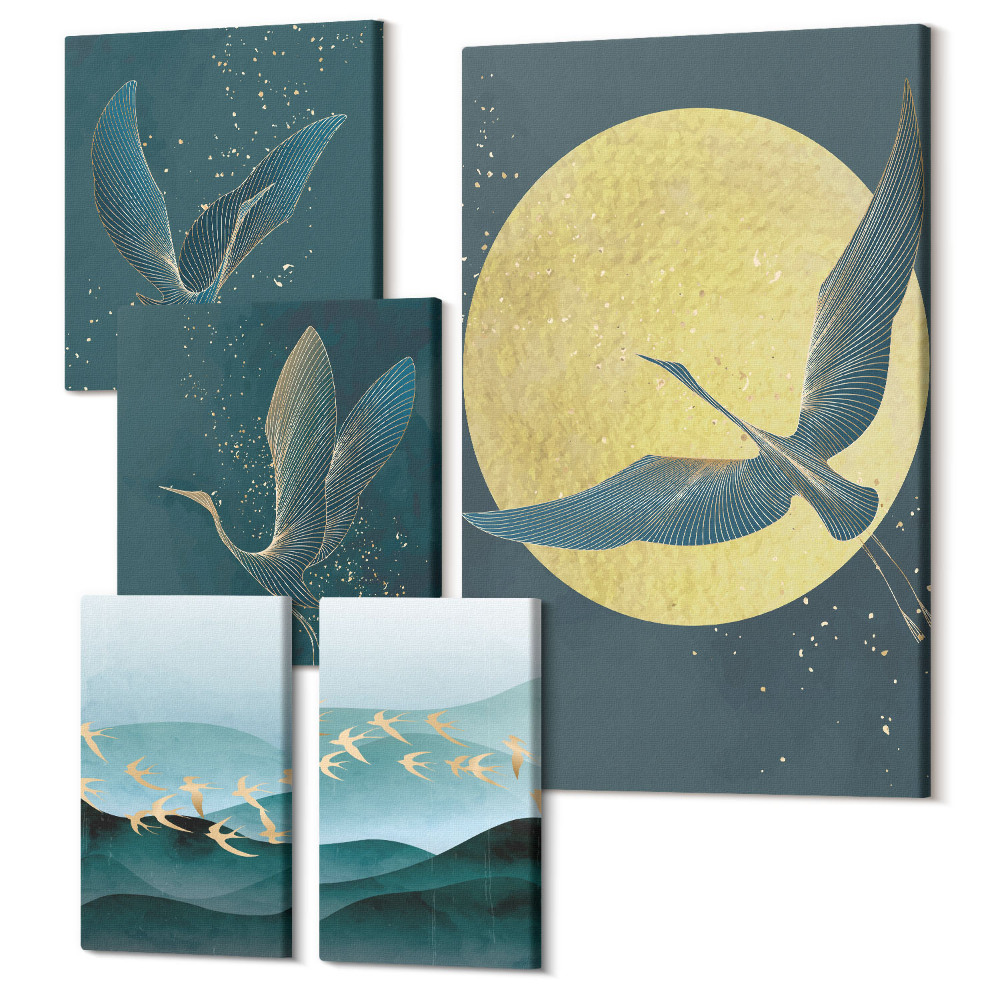Zestaw obrazów pentaptyk na ścianę Krajobrazy z ptakami w nocnym niebie z księżycem