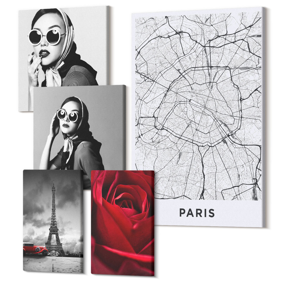 Zestaw obrazów pentaptyk na ścianę Stylowe akcenty Paryża z modą i romantyzmem