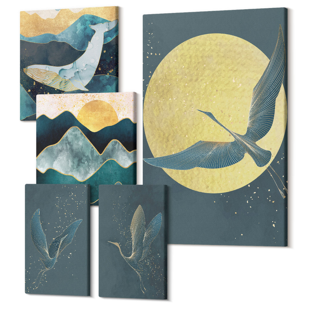 Zestaw obrazów na płótnie pentaptyk Ptaki w locie i górskie krajobrazy w stylu nowoczesnym