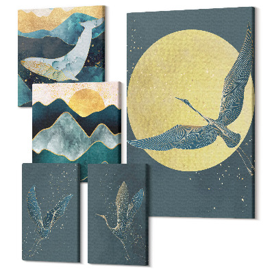 Zestaw obrazów na płótnie pentaptyk Ptaki w locie i górskie krajobrazy w stylu nowoczesnym