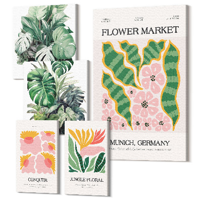 Zestaw obrazów pentaptyk na ścianę Roślinne motywy i kwiatowe akcenty w stylu boho