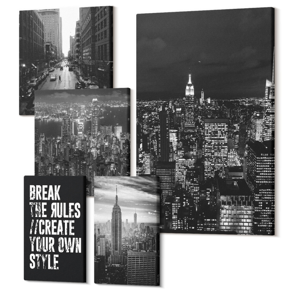 Zestaw obrazów na płótnie pentaptyk Nowojorskie widoki w czerni i bieli z inspirującymi hasłami