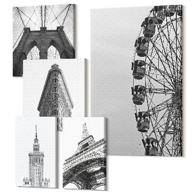 Zestaw obrazów pentaptyk na ścianę Architektura światowych metropolii w czerni i bieli