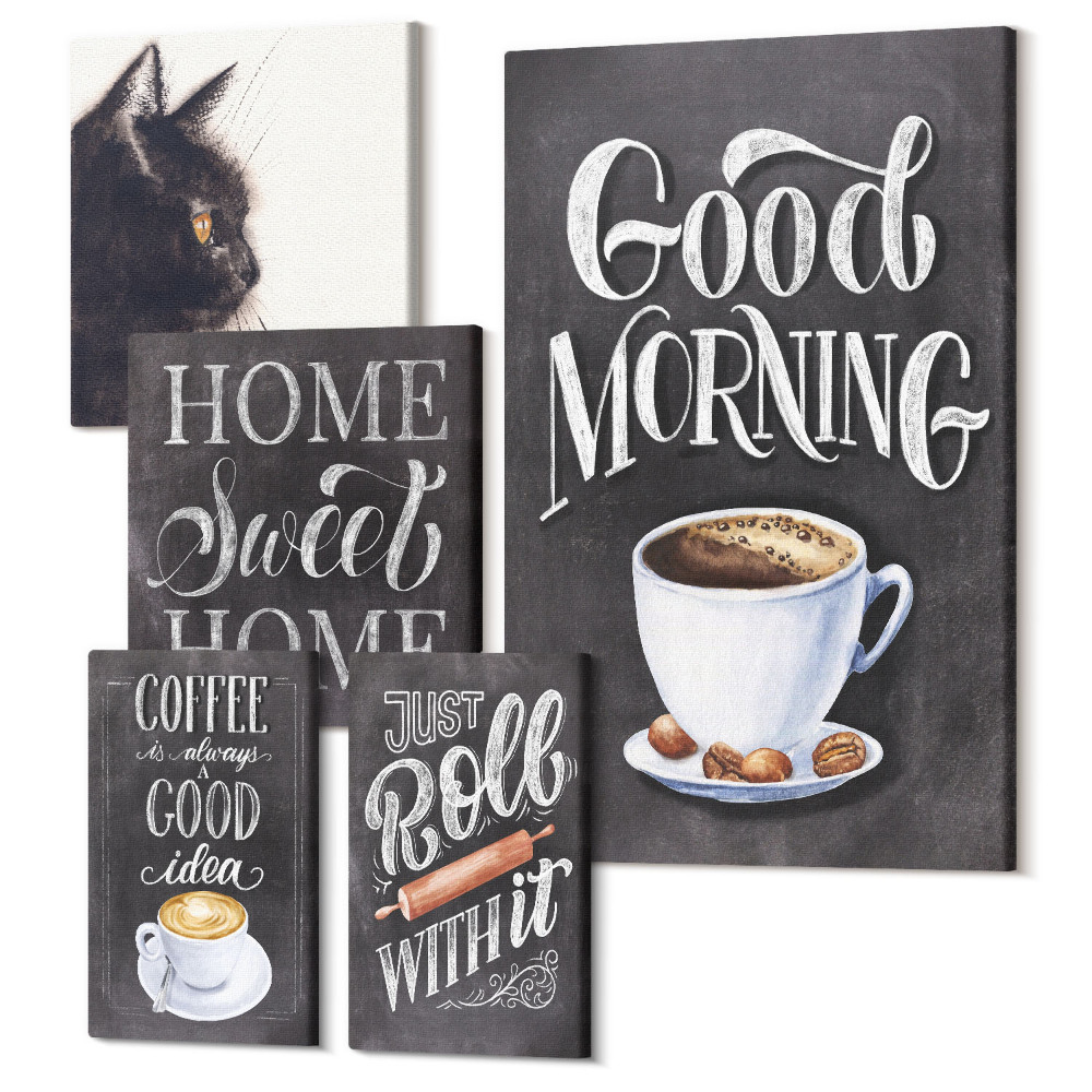 Zestaw obrazów na płótnie pentaptyk Kawowe inspiracje z kotem i pozytywnymi hasłami
