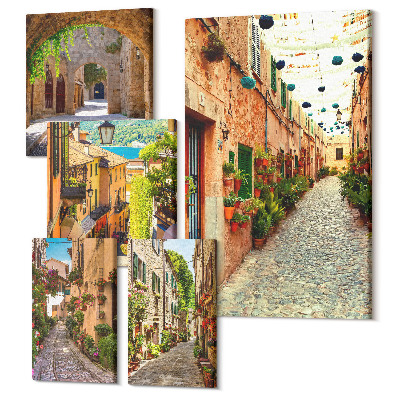 Zestaw obrazów 5 części pentaptyk Urokliwe uliczki z zielonymi roślinami w miastach