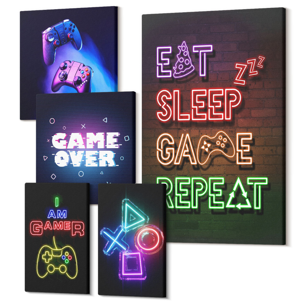 Zestaw obrazów 5 części pentaptyk Gry komputerowe neonowe motywy dla zapalonych graczy