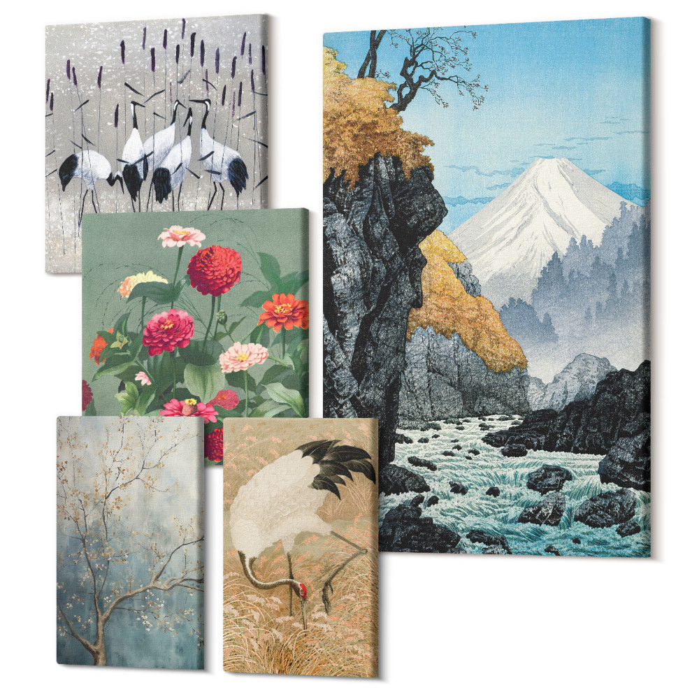 Zestaw obrazów na płótnie pentaptyk Krajobrazy natury z kwiatami i ptakami w stylu japońskim