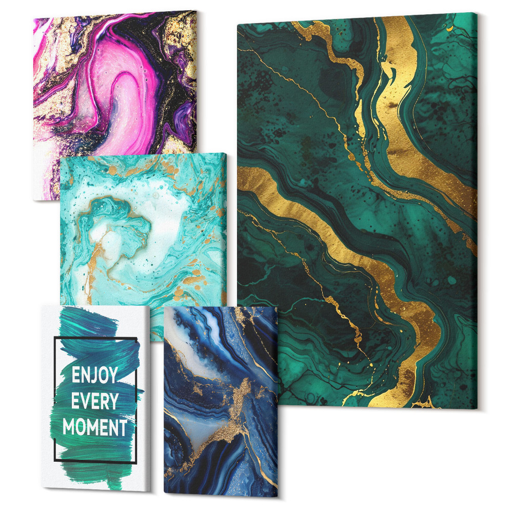 Zestaw obrazów pentaptyk na ścianę Abstrakcyjne wzory w odcieniach zieleni i fioletu