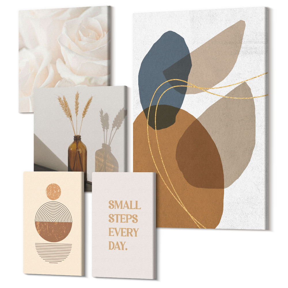 Zestaw obrazów 5 części pentaptyk Dekoracyjne kompozycje w stylu boho z roślinnymi akcentami