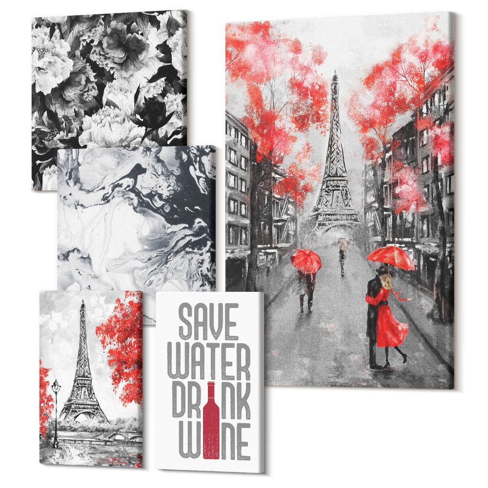 Zestaw obrazów na płótnie pentaptyk Paryskie widoki z kwiatami i abstrakcyjnymi wzorami