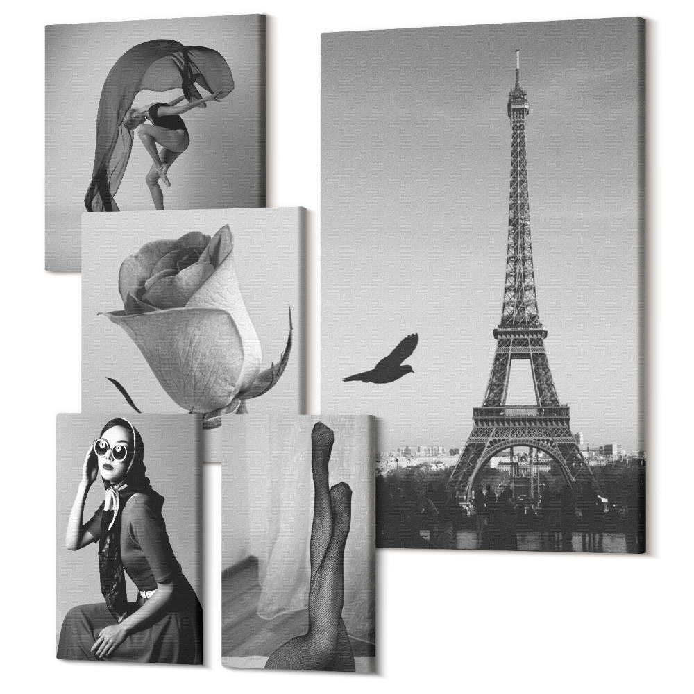 Zestaw obrazów 5 części pentaptyk Stylowe czarno-białe zdjęcia z Paryża i elegancją kobiet