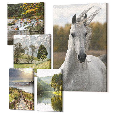 Zestaw obrazów na płótnie pentaptyk Naturalne piękno krajobrazów i zwierząt w harmonii