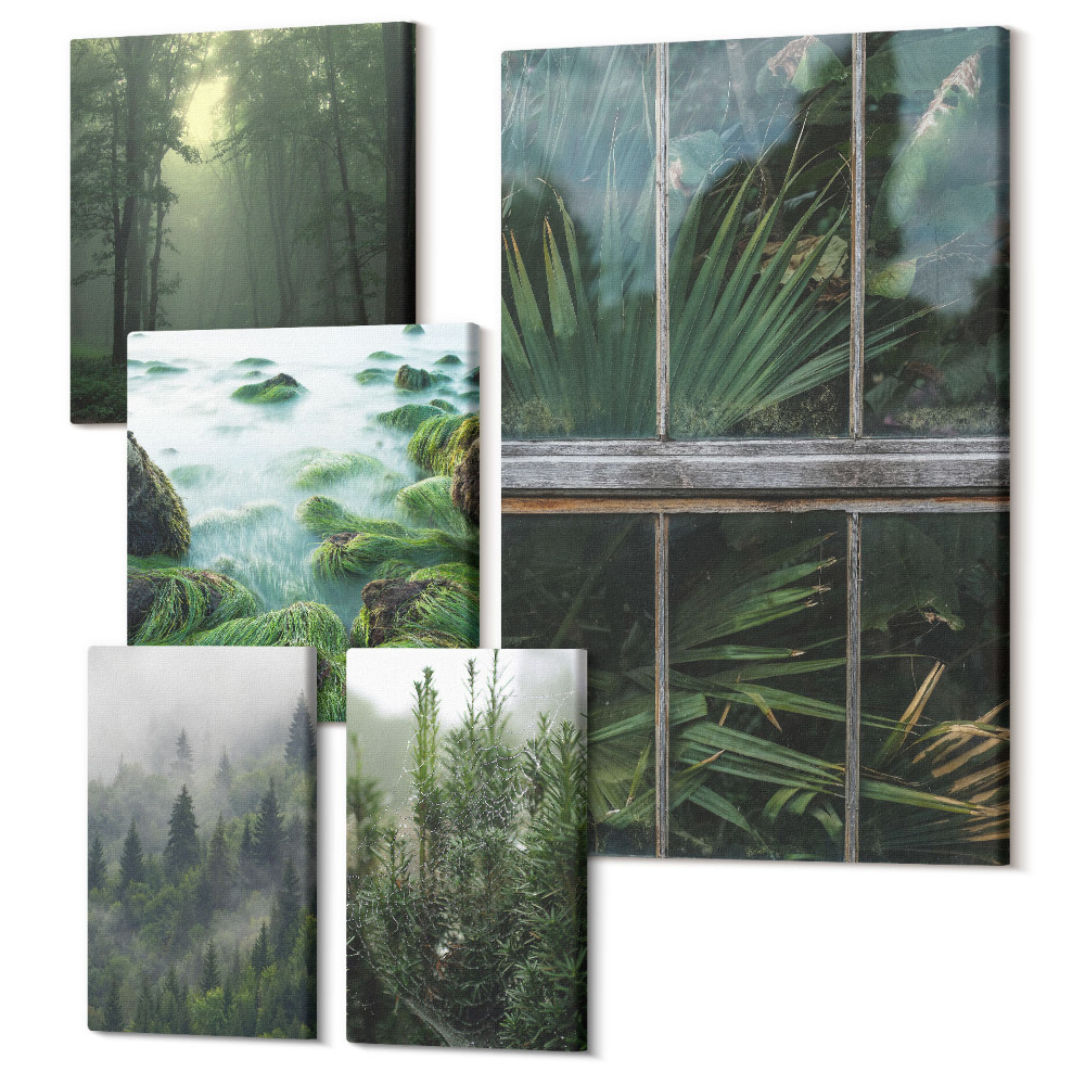 Zestaw obrazów pentaptyk na ścianę Zielone pejzaże z lasami i roślinnością naturalną