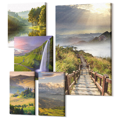 Zestaw obrazów 5 części pentaptyk Naturalne krajobrazy z wodospadami i górskimi widokami