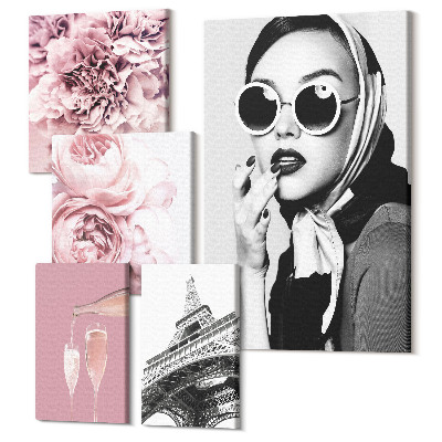 Zestaw obrazów 5 części pentaptyk Stylowe portrety i kwiatowe akcenty w różowej tonacji