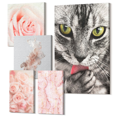 Zestaw obrazów 5 części pentaptyk Koty i róże w delikatnych odcieniach różu