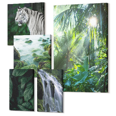 Zestaw obrazów 5 części pentaptyk Tropikalna przyroda z dzikimi zwierzętami i wodospadami