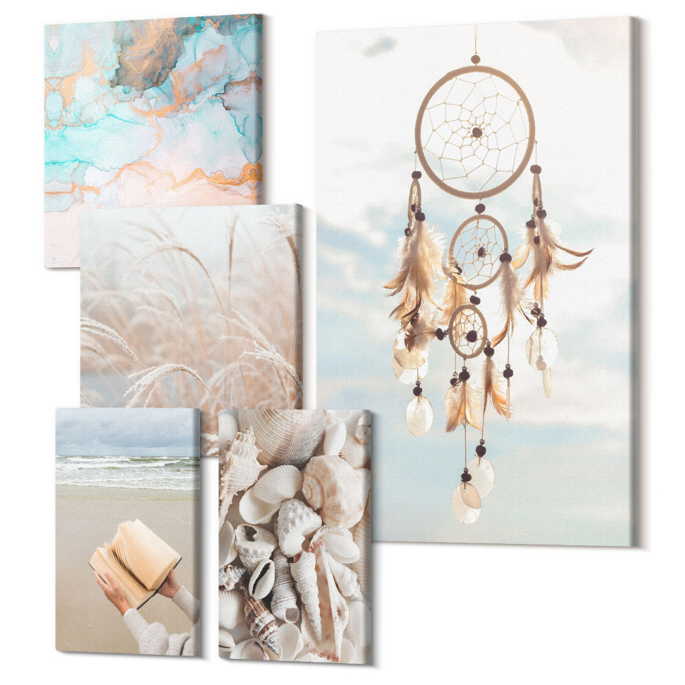 Zestaw obrazów na płótnie pentaptyk Styl boho marzenia o plaży i naturze w delikatnych tonach