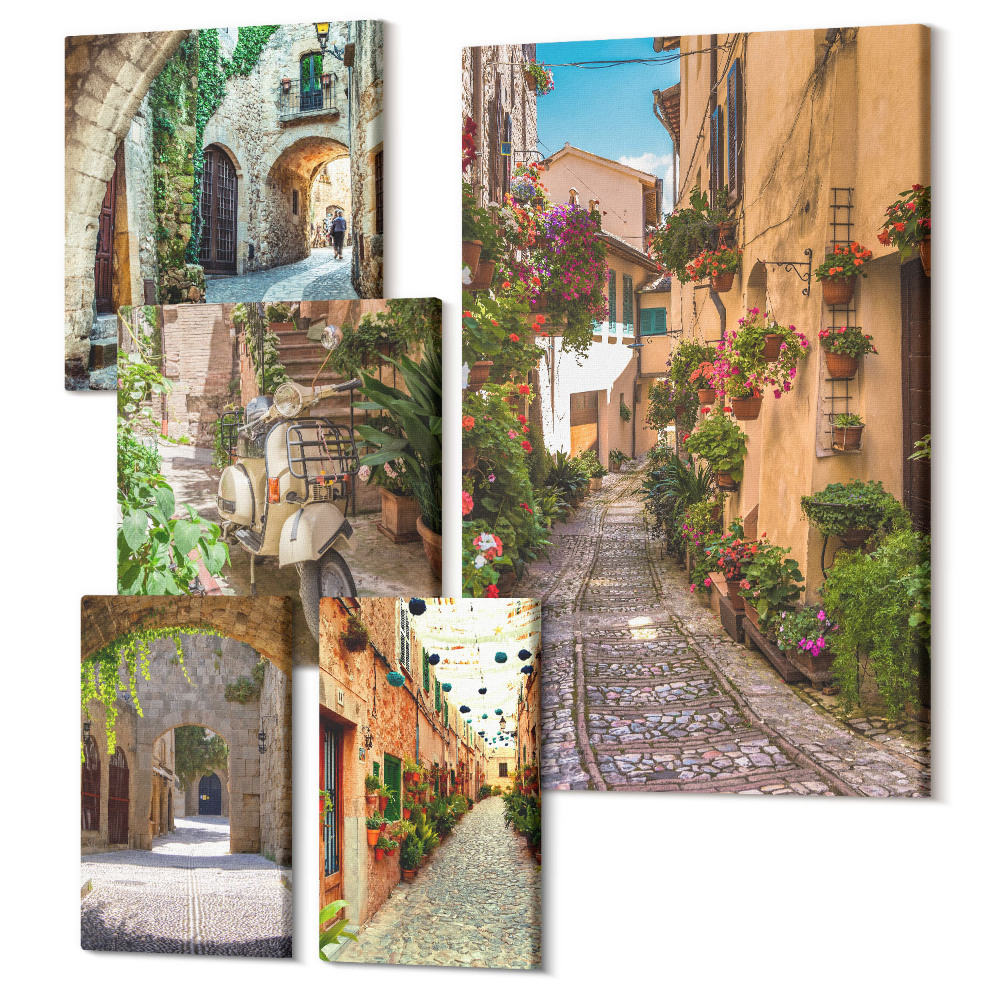 Zestaw obrazów 5 części pentaptyk Urokliwe uliczki z kwiatami w stylu włoskim i śródziemnomorskim