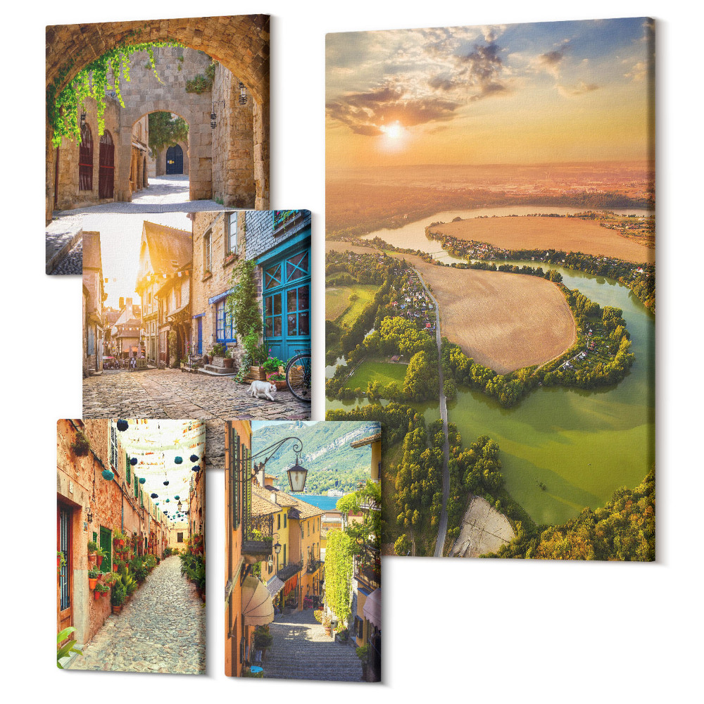 Zestaw obrazów pentaptyk na ścianę Urokliwe krajobrazy malowniczych uliczek i natury