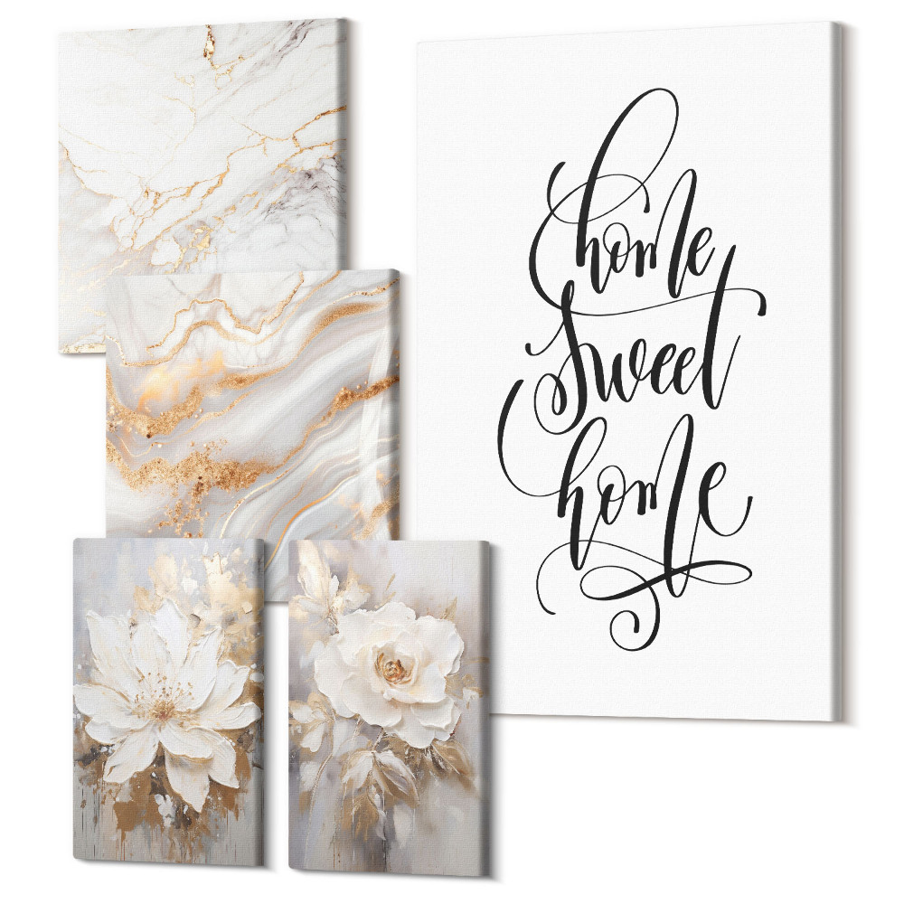 Zestaw obrazów 5 części pentaptyk Stylowe kwiaty i eleganckie marmurowe wzory do wnętrz