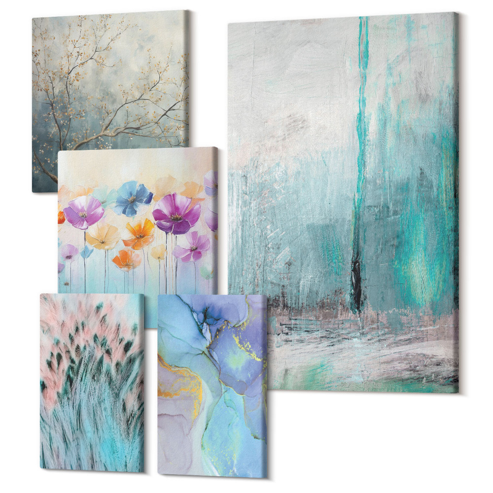 Zestaw obrazów 5 części pentaptyk Abstrakcyjne pejzaże z kwiatami i delikatnymi motywami
