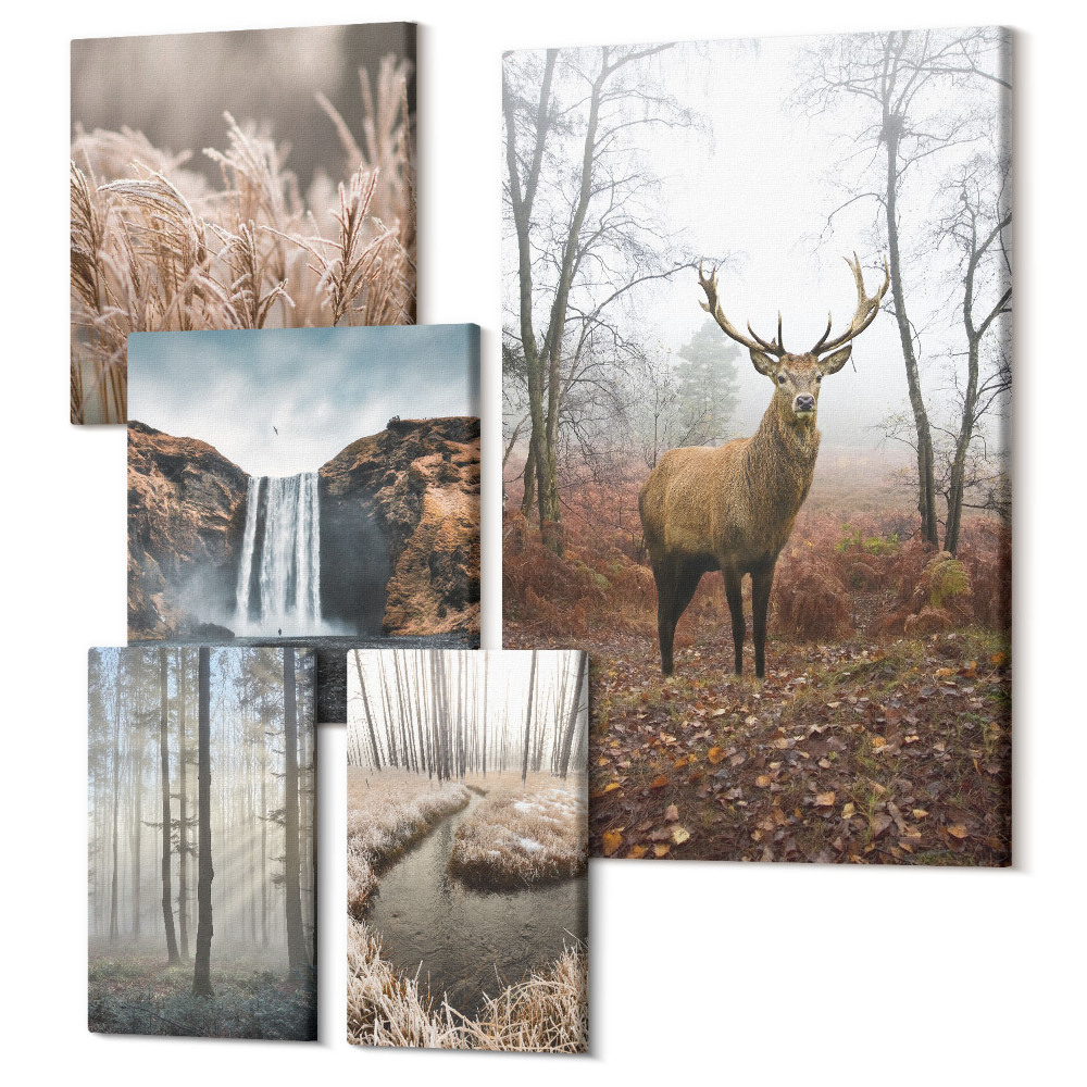 Zestaw obrazów na płótnie pentaptyk Naturalne krajobrazy dzikiej przyrody z leśnymi zwierzętami