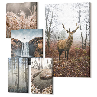 Zestaw obrazów na płótnie pentaptyk Naturalne krajobrazy dzikiej przyrody z leśnymi zwierzętami