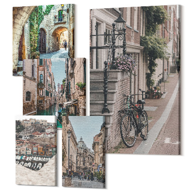 Zestaw obrazów 5 części pentaptyk Urokliwe uliczki europejskich miast z rowerami i kanałami