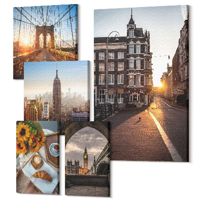 Zestaw obrazów na płótnie pentaptyk Urokliwe miasta widoki na architekturę i zachody słońca