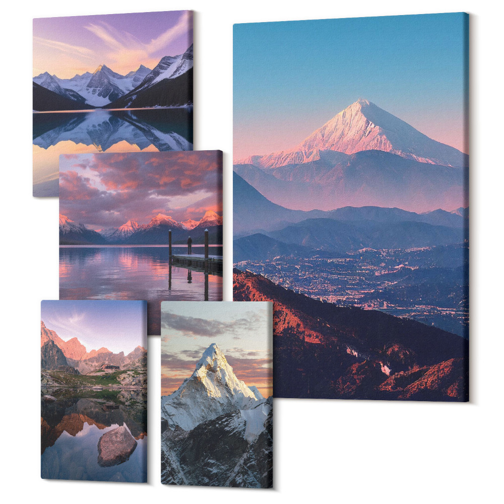 Zestaw obrazów pentaptyk na ścianę Górskie pejzaże z widokami na malownicze szczyty